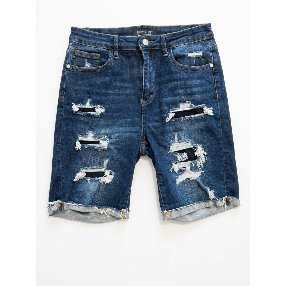 Judy Blue Distressed Denim Bermuda Shorts Dark Wash Size L JB150115 DK